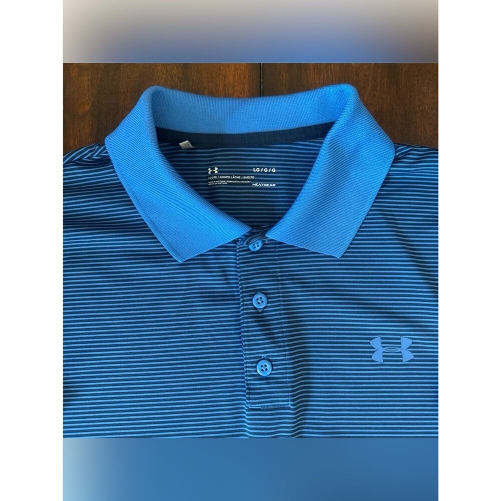 Under Armour Blue Striped Performance Polo Mens Large Golf Athletic Shirt